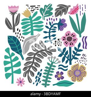 Flache Vektor-Illustration mit einem handgezeichneten Satz abstrakter botanischer Elemente, einschließlich Blumen, Blätter und Formen, inspiriert von Henri Matisses Stock Vektor
