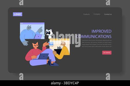 KI für Manager betont verbesserte Kommunikationsstrategien durch innovative Technologien. Diese Abbildung zeigt die Zusammenarbeit und emotionale Mitarbeiterbindung im Team und schließt Lücken in Remote-Arbeitsumgebungen. Vektorabbildung. Stock Vektor