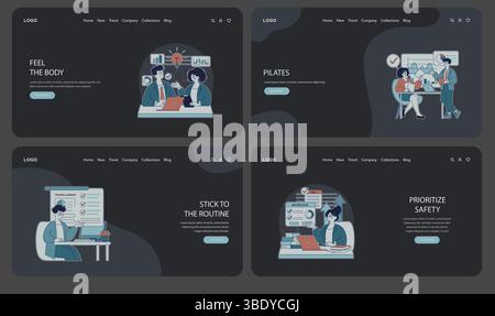 Vektor-Illustration von Geschäftsszenen mit strategischen Diskussionen und Teamarbeit. Betont Routine, Sicherheit und Wellness in einem professionellen Umfeld mit Schwerpunkt auf Zusammenarbeit. Stock Vektor