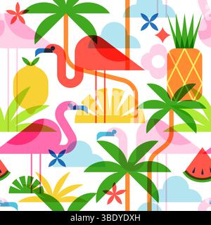 Tropisches, nahtloses Muster für den Sommer. Flaches Vektordesign mit Flamingo, Palme, Ananas und Wassermelone. Perfekt für Strandurlaubsdrucke und modische Textilien Stock Vektor