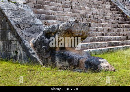 Chichen Itza, Mexiko - 25. Februar 2019: Ein Schlangenkopf aus Stein am Fuß der El Castillo Pyramide, der Kukulkan, eine Maya-Gottheit, darstellt. Stockfoto