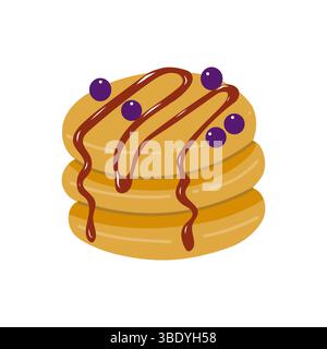 Flache Vektor-Illustration von gerollten Pfannkuchen mit roter Marmelade und frischen Heidelbeeren, serviert als süßes Dessert oder Frühstück. Isoliert auf weißem Hintergrund Stock Vektor