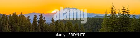 Die Sonne untergeht hinter dem Mount Saint Helens und strahlt einen goldenen Glanz über den Wald. Die Szene fängt die Schönheit der Natur ein. Stockfoto
