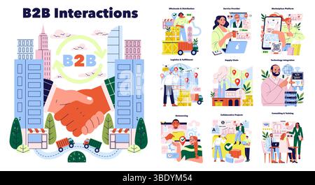Vektorabbildung, die B2B-Interaktionen mit Schwerpunkt auf geschäftlicher Zusammenarbeit darstellt. Umfasst Konzepte wie Logistik, Lieferkette, Beratung, Technologieintegration und Outsourcing. Stock Vektor