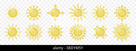 Eine Reihe von Sonnensymbolen auf weißem Hintergrund. Eine dreidimensionale Sonne mit Blenden und Strahlen. Logo, Sonnenaufkleber. Stock Vektor