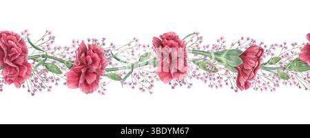 Rote Nelken und zarte rosa gypsophila horizontale Aquarellbanner isolierter Hintergrund. Handgemalte Blumen für Hochzeitseinladungen Stockfoto
