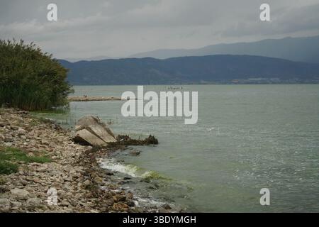 Uferlinie eines Sees. Der Vordergrund zeigt einen felsigen Strand mit Steinen unterschiedlicher Größe und einigen Vegetationsflächen. Stockfoto