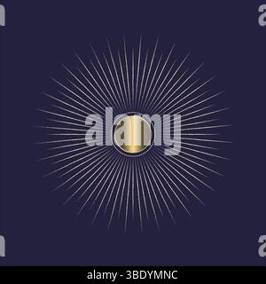 Eine Ikone mit Sonnenstrahlen auf dunkelblauem Hintergrund. Ein Sonnenstrahl mit Linien. Retro-Logo in Form eines Kreises mit Radialstrahlen. Stock Vektor