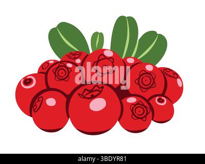 Ein Haufen roter Beeren mit grünen Blättern. Flache Vektor-Illustration Set süße Preiselbeerfrüchte lokalisiert auf weißem Hintergrund für den Druck auf Stoff, Labor Stock Vektor