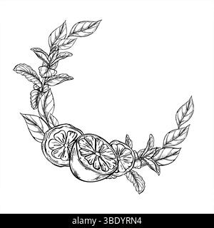 Zitrusfrüchte und Minzzweige monochromer Vektorkranz in schwarz-weißer linearer Form. Zitrone Obst und Kräuter Illustration für Hochzeitseinladungen Stock Vektor