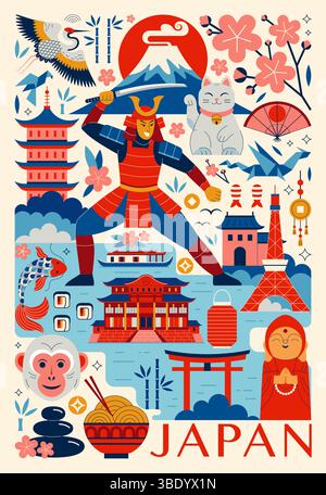Japan-Reiseposter mit Symbolen und Wahrzeichen Stock Vektor