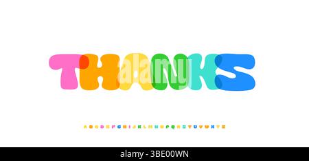 Vielen Dank für hellen Text mit sich überschneidenden bunten Buchstaben, vielen Dank für Grußkarten, Beiträge von Abonnenten, Überschriften, Logos und Banner. Fett Stock Vektor