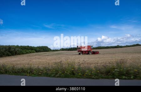Ein roter Mähdrescher, der auf einem kürzlich geernteten Feld mit Wildblumen und einem klaren blauen Himmel geparkt ist. Ländliche Landwirtschaft im Spätsommer oder Herbst. Stockfoto