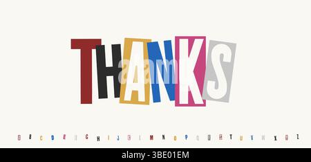 Collage Lösegeld Stil dank Typografie. Ausgeschnittene Buchstaben für Kunst, Karten, Poster, Titel und Überschrift. Auffällige Applikationstypografie. Vektorabbildung Stock Vektor