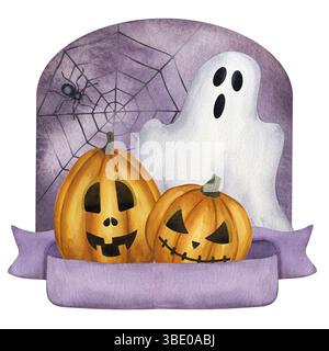 Halloween-Karte geschnitzte orange Kürbisse Jack o Laterne, lila Schleife, schwarze Spinne auf Spinnweben, schreiender gruseliger Gesichtsgeist. Handgezeichnetes Aquarellillustrat Stockfoto