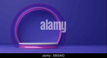 Leuchtende Neonbögen beleuchten eine minimalistische Bühne und erwecken ein Gefühl futuristischer Wunder, perfekt für Produktpräsentationen oder digitale Kunstpräsentationen. Stockfoto