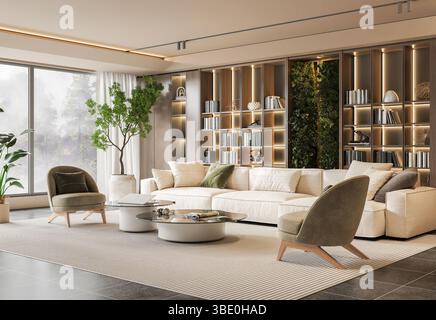 Die Bilder zeigen ein elegant gestaltetes und geräumiges, modernes Wohnzimmer, das Komfort und Stil ausstrahlt. 3D-Rendering Stockfoto