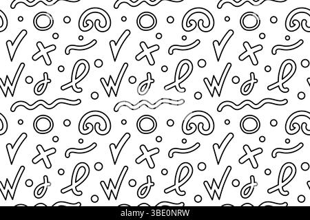 Nahtloses Muster, Ausmalseite mit abstrakten Kritzelformen, Squiggles, Kreuze, Ringe, Häkchen, W-Symbole, Wellenlinien und Konfetti. Geometrische Rückseite Stock Vektor