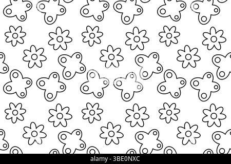 Nahtloses Blumenmuster. Färbung von Schmetterlingen und Frühlingsblumen. Abstrakter Hintergrund. Für die Unterhaltung von Kindern, Schwarzweiß-Sommer oder Sp Stock Vektor