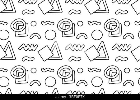 Nahtloses Muster, Ausmalseite mit Vektorgeometrischen Kritzeleien abstrakte geometrische Formen wie Dreieck, Kreis, Raute, Quadrat, Ring, Zickzack und Squig Stock Vektor