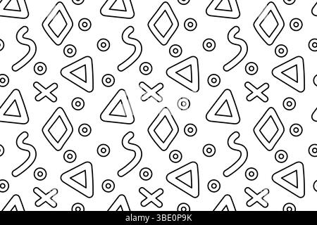 Nahtloses Muster, Ausmalseite mit abstrakten geometrischen Formen wie Dreiecken, Ringen, Rauten und Wellenlinien. Für die Unterhaltung von Kindern, schwarz und weiß Stock Vektor