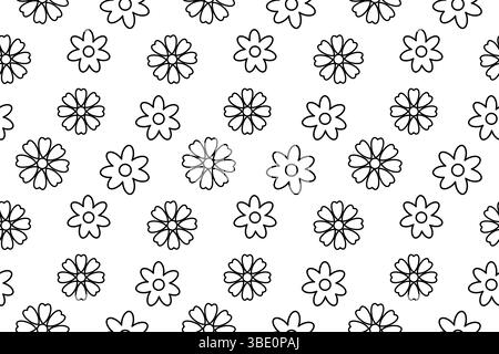 Nahtloses Blumenmuster. Malseite mit Blumen in verschiedenen Formen wie Kornblumen und Gänseblümchen. Abstrakter Hintergrund. Für Unterhaltung, schwarz und W Stock Vektor