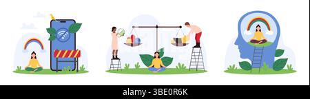 Stressbewältigung für Wohlbefinden, Lebensarbeitsausgleich. Winzige Leute wählen Zen Meditation über Regenbogen und Freiheit der digitalen Detox, wiegen Karriere und Herz-Ikonen auf Skalen Cartoon Vektor Illustration Stock Vektor