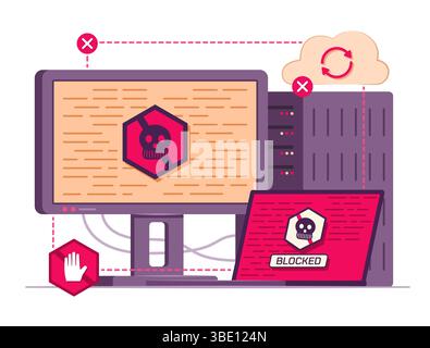 Ransomware-Angriff Desktop-PC-Computer, Laptop-Computer und Cloud-Server für Cyber-Kriminalität und Malware-Konzept Illustration Stock Vektor