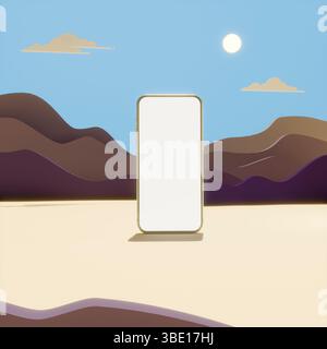 Handy in der Natur für Mockup. 3D-Bild eines Smartphones in der Wüste mit einem leeren Bildschirm zum Platzieren Ihrer Inhalte. Stockfoto