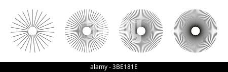 Sonnenstern platzen, Strahlen. Kreisförmig Linien Balken. Kreisförmige radiale Strahlungslinien. Speichen mit strahlendem Streifengitter. Abstraktes geometrisches Muster. Stock Vektor