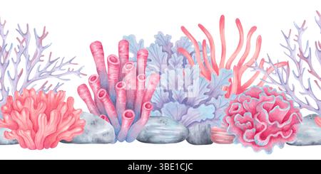 Bunte Meereskorallen, Algen mit Steinen. Nahtlose Korallenriffgrenze. Aquarell- und Markierungsabbildungen. Handgezeichnete isolierte Kunst. Unterwasserboden Stockfoto