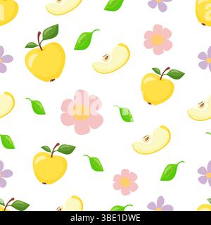 Muster gelber Äpfel mit grünen Blättern. Ganze Früchte und Scheiben, mit rosa Blumen Hand gezeichnete Vektor-Illustration. Stock Vektor