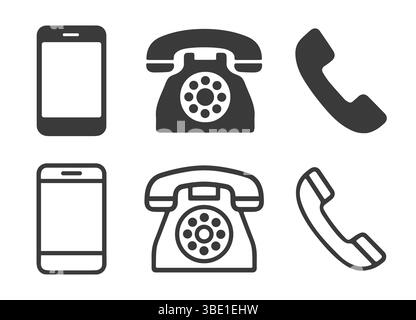 Symbolsatz für Telefonkontaktverbindung. Alte Handylogos-Kollektion. Service rund um die Uhr. Vektorabbildungsbild. Isoliert auf weißem Backgr Stock Vektor