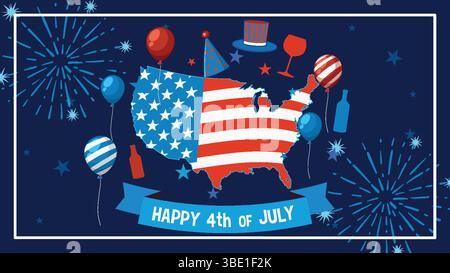 Vektor-Illustration der USA-Karte mit Sternen und Streifen, umgeben von festlichen Ballons und Feuerwerken auf einem dunkelblauen Hintergrund Stock Vektor