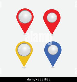 Kartenzeiger, Positionsmarkierungssymbole auf transparentem Hintergrund Positionsmarkierungssymbole auf der Karte. Symbol für Routenposition rot , gelb , blau Symbol für Position und Karte pi Stock Vektor