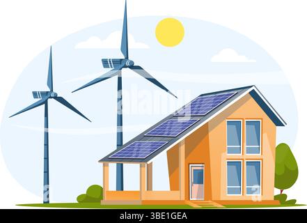 Solarpaneele auf dem Dach des Hauses mit Windkraftanlagen, die Strom erzeugen. Vorstadthaus. Ökologische Energie. Umweltfreundliche Technologie. Wohngebäude Stock Vektor