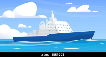 Seefahrer. Großes Schiff, das auf blauen Wellen im Ozean segelt. Wassertransport. Sommerurlaub. Marine- oder Passagierboot. Kreuzfahrtyacht. Schifffahrt Stock Vektor