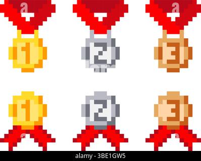 Pixel Gold Silber und Bronze Medaillen. Auszeichnungen. 8-Bit-Arcade-Belohnungen für Farbbänder. Turniersieger. Bester Champion. Challenge-Trophäe Stock Vektor