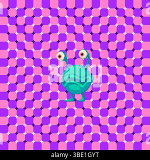 Lustiger grüner Alien-Charakter auf hellem optischen Illusionsmuster Hintergrund. Illustration im Retro-Pixel-Art-Stil mit verspieltem Sci-fi und surrealem Vibe. Stock Vektor