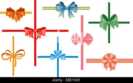 Mehrfarbige Weihnachtsschleifen mit Bändern auf weißem Hintergrund. Binden von Feiertagskästen. Geburtstagsfeier Geschenke. Seidenbänder zum Locken. Hochzeitsverpackung Stock Vektor