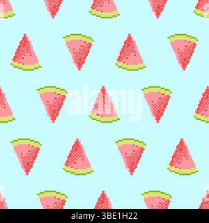 Nahtloses Pixel-Kunstmuster mit Wassermelonenschnitten. Saftiges Sommerdesign zum Einpacken von Papier, Stoff, Verpackungen und digitalen Hintergründen. Stock Vektor