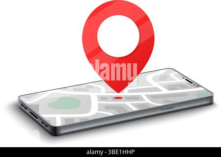 Geo-Tag auf dem Smartphone-Bildschirm. Positionssymbol auf der GPS-Karte. Realistisches Telefon. Anwendungsanzeige. Geolokationsdienst. Roadmap-Markierung. 3D-Navigation für Mobilgeräte Stock Vektor