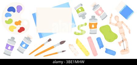 Sammlung von Kunstgegenständen - bunte Farbklumpen und -Tuben, Pinsel und Kreide, Marker in Pastellfarben. Kreative Vektorwerkzeuge und Zeichenutensilien. Niedliches Doodle Set isoliert auf weißem Hintergrund. Stock Vektor