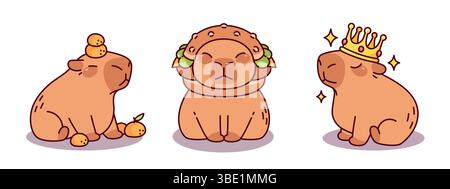 Set aus niedlichen Capybara-Charakteren im Cartoon-Stil - sitzend mit Krone, Burgermütze und Mandarinen auf dem Kopf. Entzückende große braune Nagetier-Maskottchen mit molligen Körpern und kleinen Ohren. Kawaii-Tiervektor. Stock Vektor