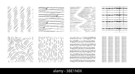 Muster mit Schraffurmuster – gewellte, Zick-Zack-, Streifen- und karierte Texturen. Schwarze, geometrische Tinte, Hintergründe für Zeichnungen mit linearen Formen. Handskizzierte Grafikelemente für Ränder und Oberflächendesigns. Stock Vektor