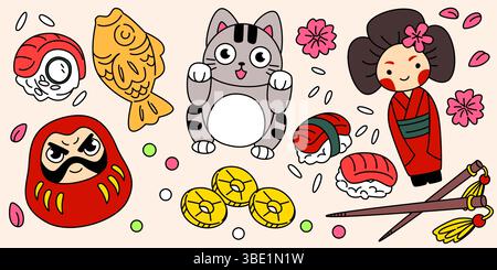 Wütende Daruma-Puppe, Lucky maneki Neko-Katze, Taiyaki-Fischkuchen, bunte kokeshi-Puppe, goldene Münzen und Sushi mit Essstäbchen - Set süßer japanischer Symbole für Glück, Reichtum und Glück. Stock Vektor
