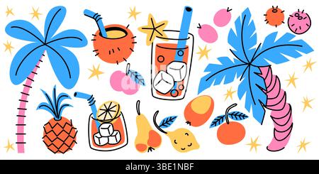 Tropische Retro-Aufkleber in lebhaften Farben – exotische Früchte, erfrischende Getränke, Palmen mit üppigen Blättern. Verspielter Doodle-Stil für Sommerstimmung. Fröhliche helle und lustige Elemente mit Urlaubsstimmung. Stock Vektor