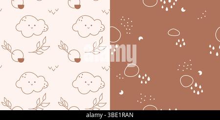 Geschlechtsneutrale Farbwiederholung von Bildern mit Kawaii-Wolken und hinterlässt Linien und Mond. Stock Vektor