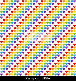 Regenbogenherzmosaik, nahtloses Vektormuster mit bunten Herzen in einer Regenbogenpalette. Perfekt für Hintergründe, Textilien und festliche Bannerdesigns Stock Vektor