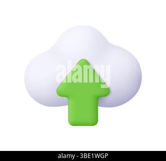 Cloud mit grünem Upload- und Download-Pfeil. Laden von Medien, Datentransfer, Cloud-Speicher und Cloud-Computing. Symbol für 3D-Vektor. Minimaler Cartoon-Style. Stock Vektor